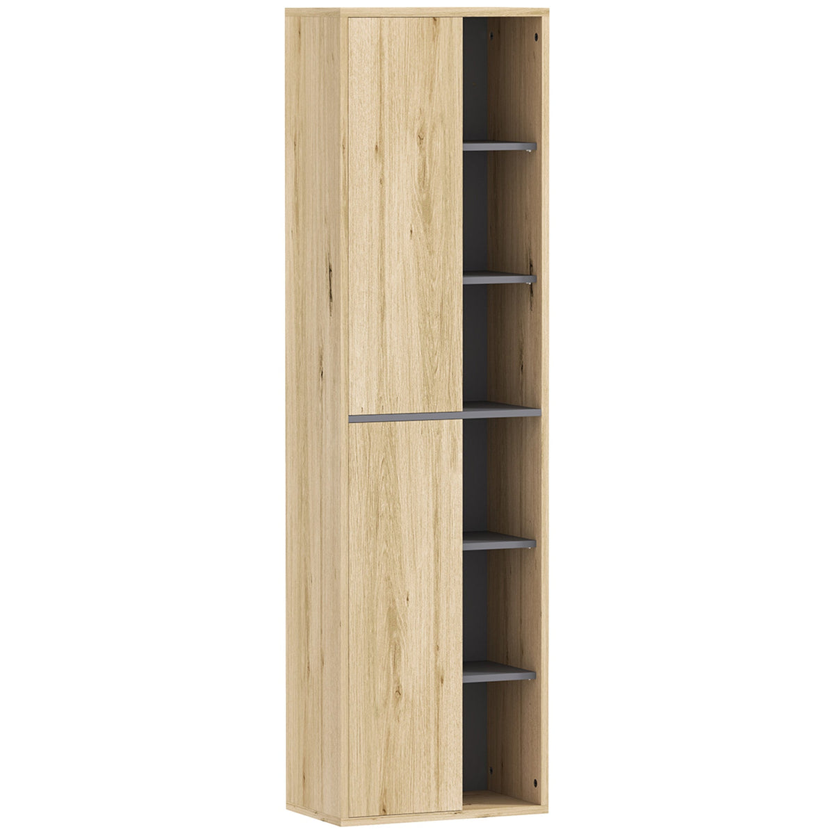 Compact bathroom with a tall wall cabinet and neatly arranged towels