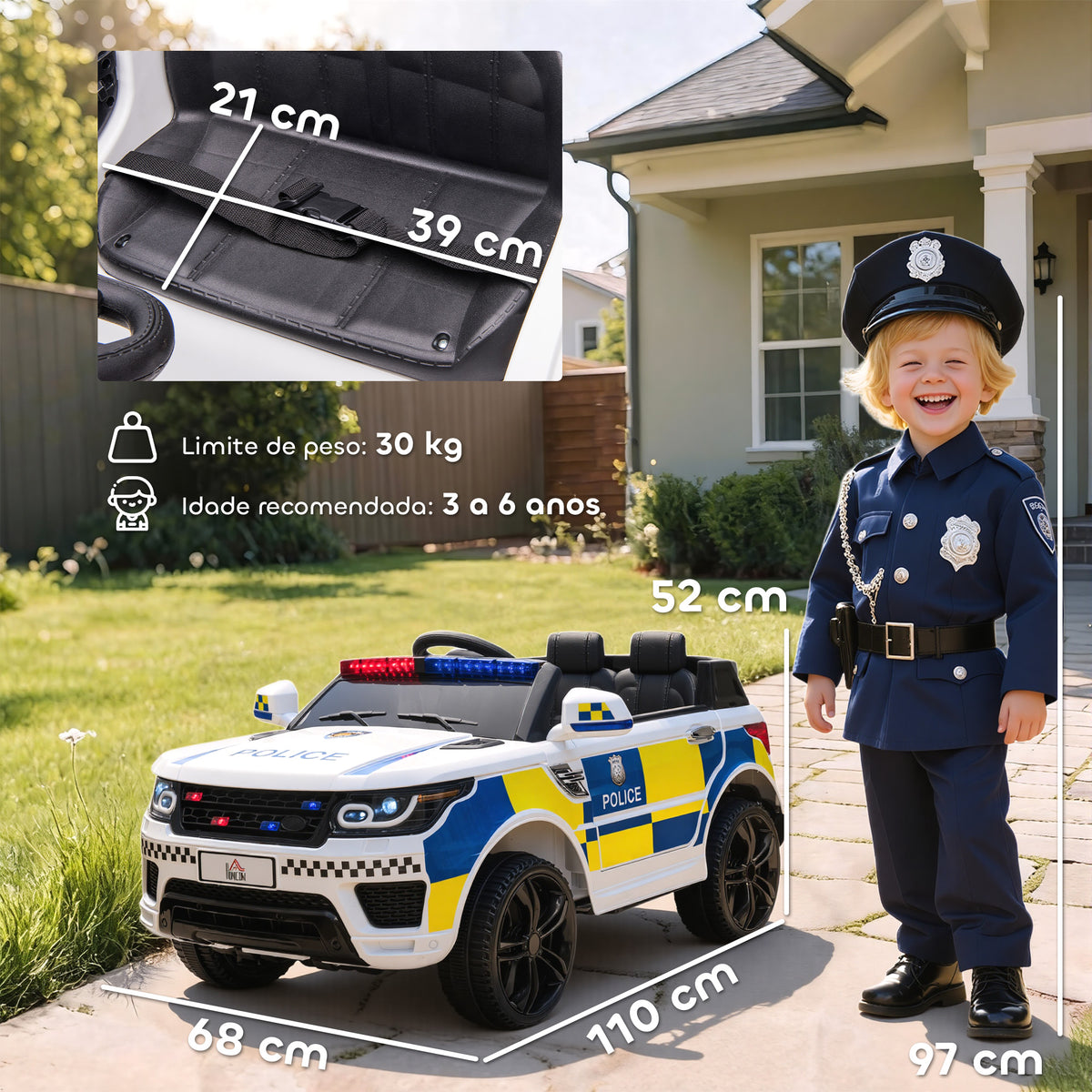 Carro Elétrico para Crianças acima de 3 Anos Carro Elétrico Infantil de Policia Carro a Bateria 12V com Controlo Remoto Bluetooth USB Luz Sirene 110x68x52 cm Branco — foto 3