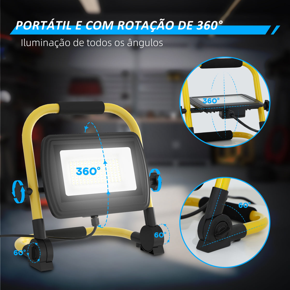 Preojetor LED Recarregável com Cabeças e Suporte Ajustáveis 50W 4250 Lúmenes IP65 6500K Reflector LED Resistente à Intemperie Portátil com Pega para Interior e Exterior Amarelo e Preto — foto 4