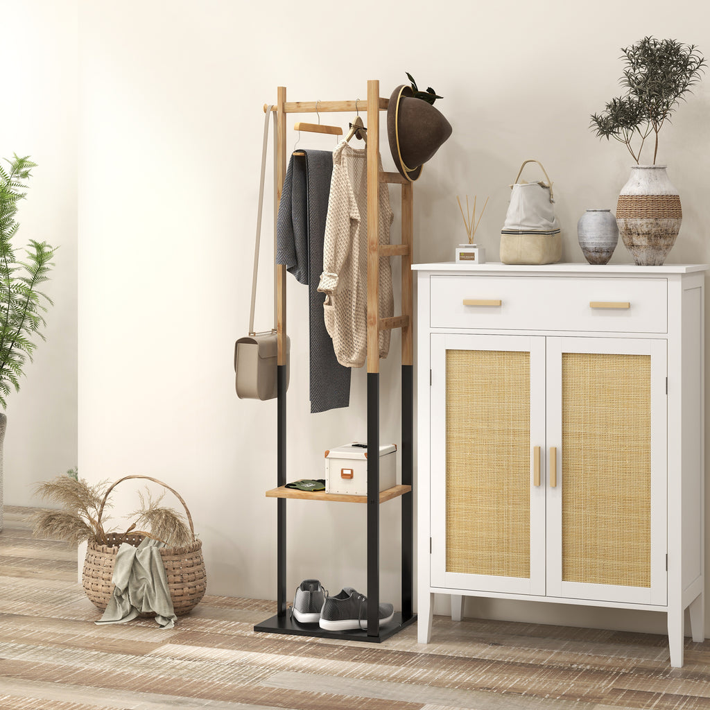 Cabide de Pé de Bambu com 2 Prateleiras 2 Ganchos 5 Barras Cabide de Entrada com Estrutura de Aço para Pendurar Roupa no Corredor Sala de Estar Quarto 46x28,5x153,5 cm Madeira e Preto — foto 6