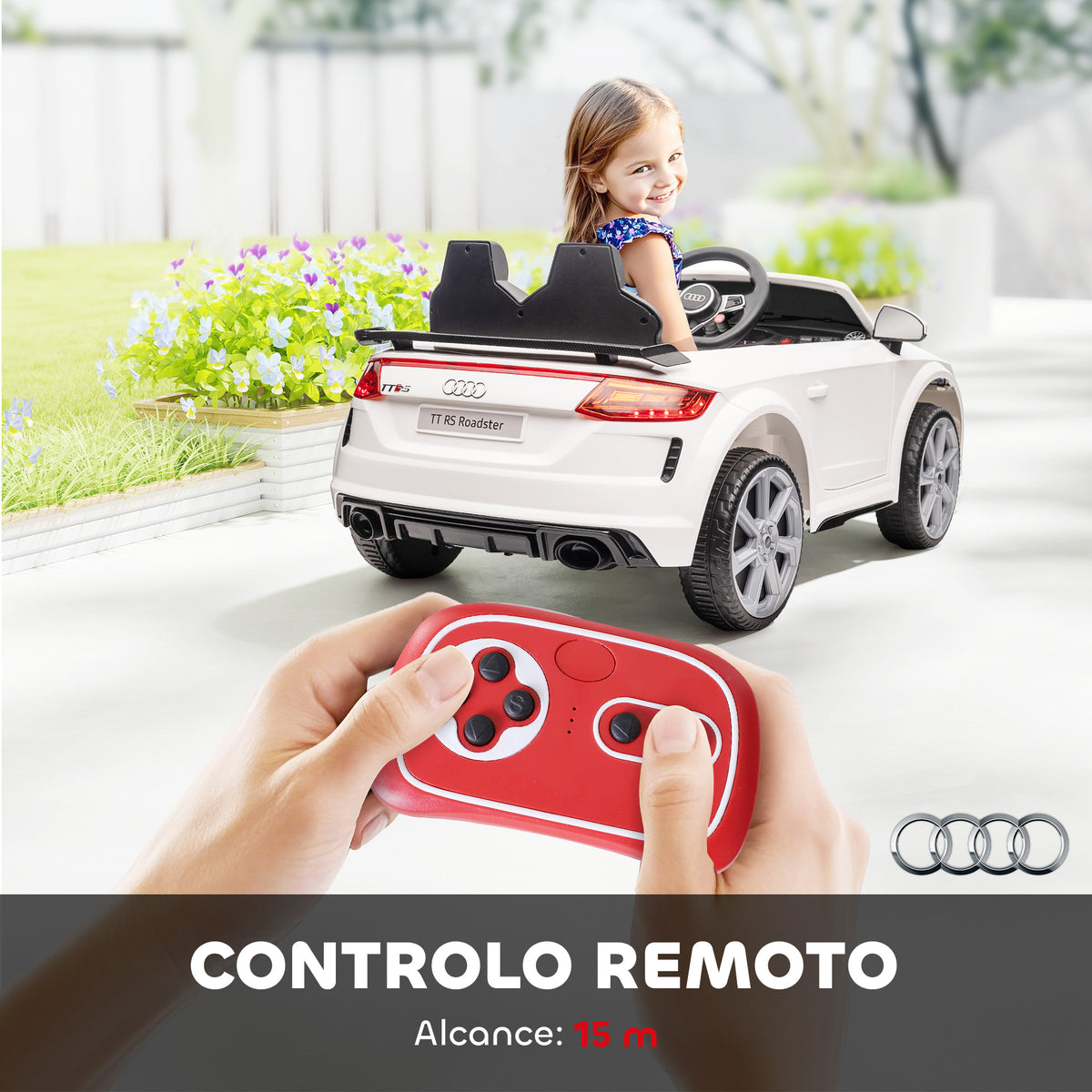 Carro Elétrico Audi TT para Crianças acima de 3 Anos com Controlo Remoto Música e Luzes Bateria 12V Abertura da Porta 102x60x44 cm Branco — foto 5