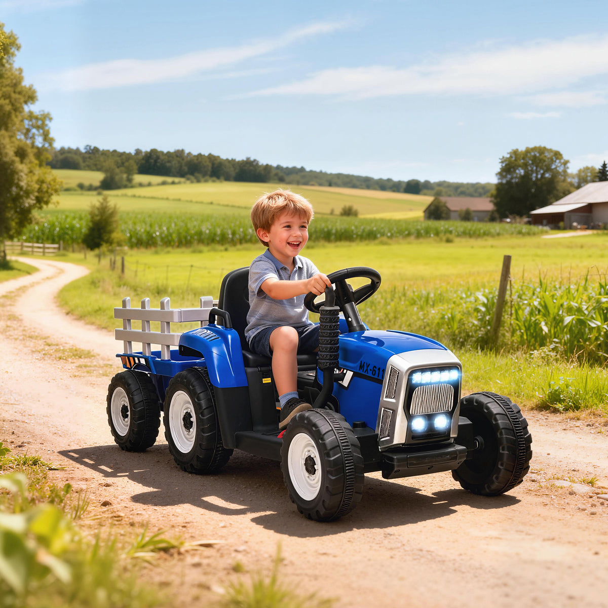 Trator Elétrico com Reboque Amovível Carro Elétrico para Crianças 3-6 Anos com Controlo Remoto Música MP3 Luzes e Cinto de Segurança 136,5x50x52,5 cm Azul — foto 2