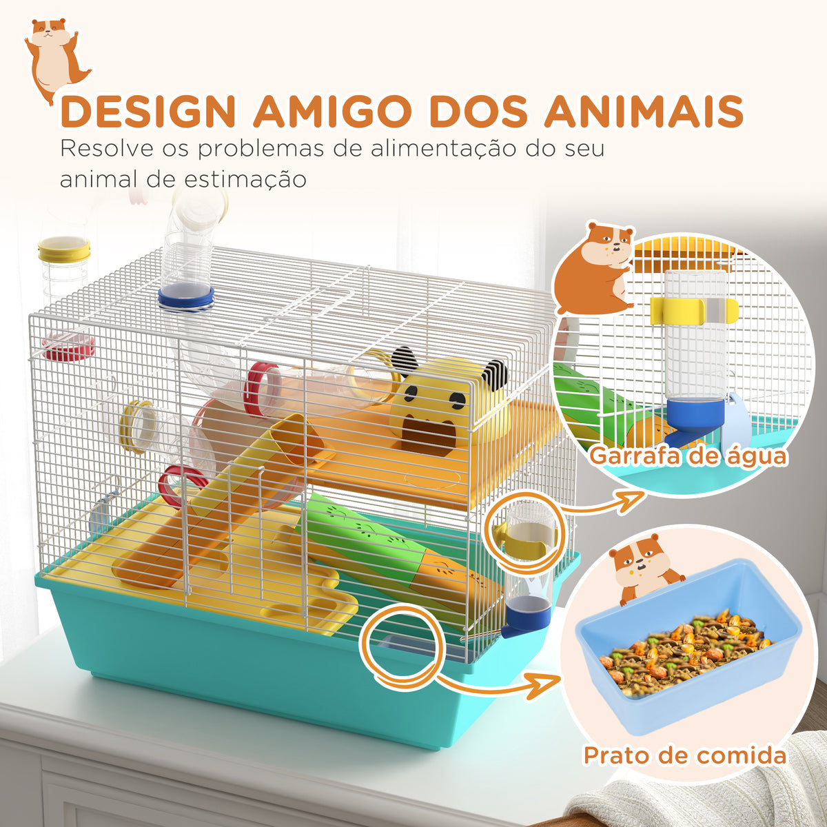 Gaiola para Hamsters Gaiola para Animais Pequenos com Túnel Plataformas Comedouro Bebedouro Casinha Rampas e Roda de Exercício 45x28x37 cm Azul Claro — foto 7