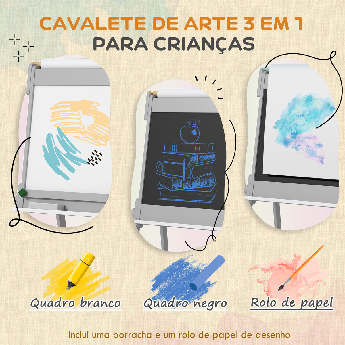 Cavalete para Crianças Cavalete de Pintura para Crianças 3 em 1 Ardósia Dupla com Rolo de Papel Apagador e Caixas de Arrumação 51x50x108 cm Cinza — foto 4