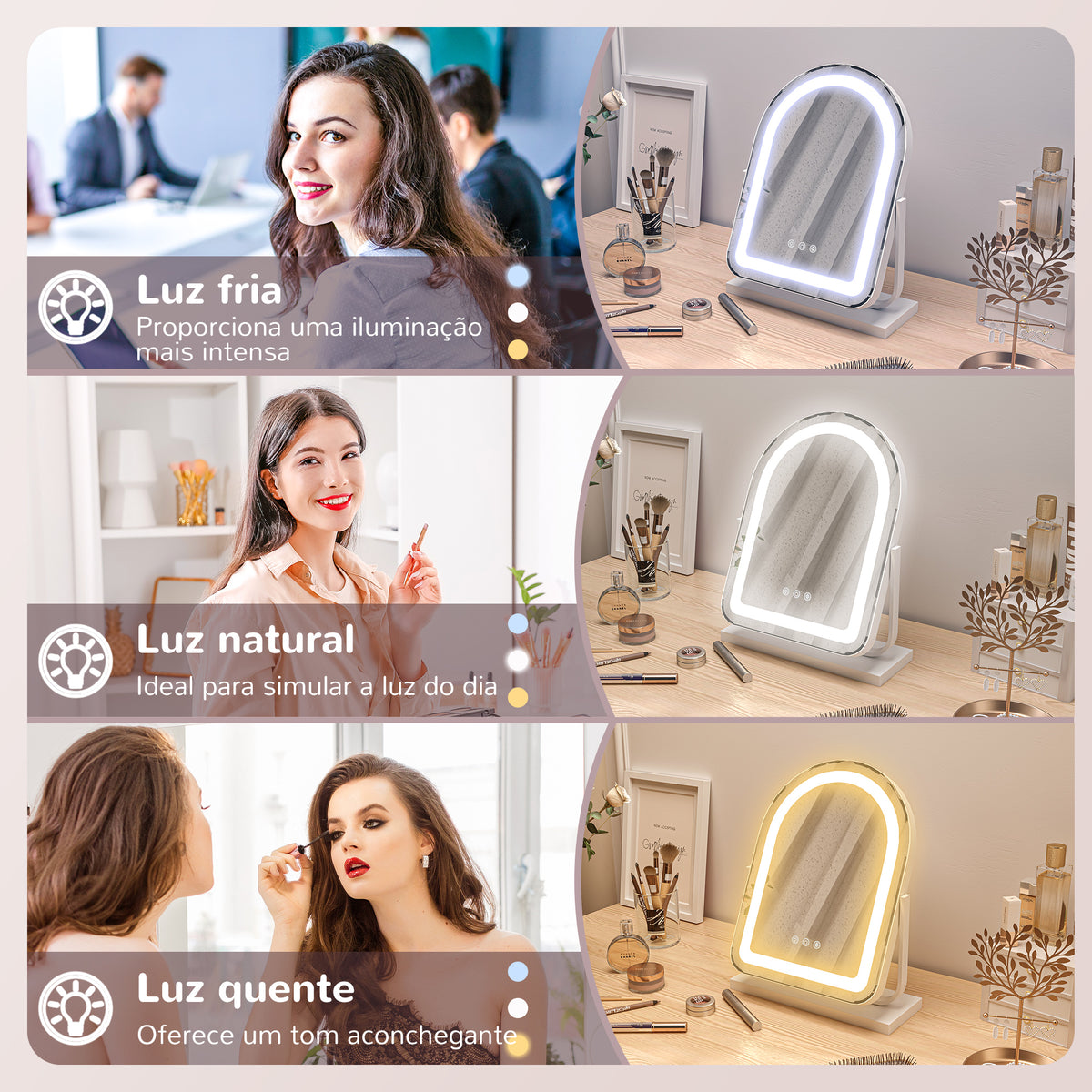 Espelho de Maquilhagem com Luz LED Espelho de Tocador Giratório com 3 Modos de Iluminação Ajustáveis Interruptor Tátil Rotação Regulável de 360° e Função de Memória 33x44,5x12 cm Branco — foto 5