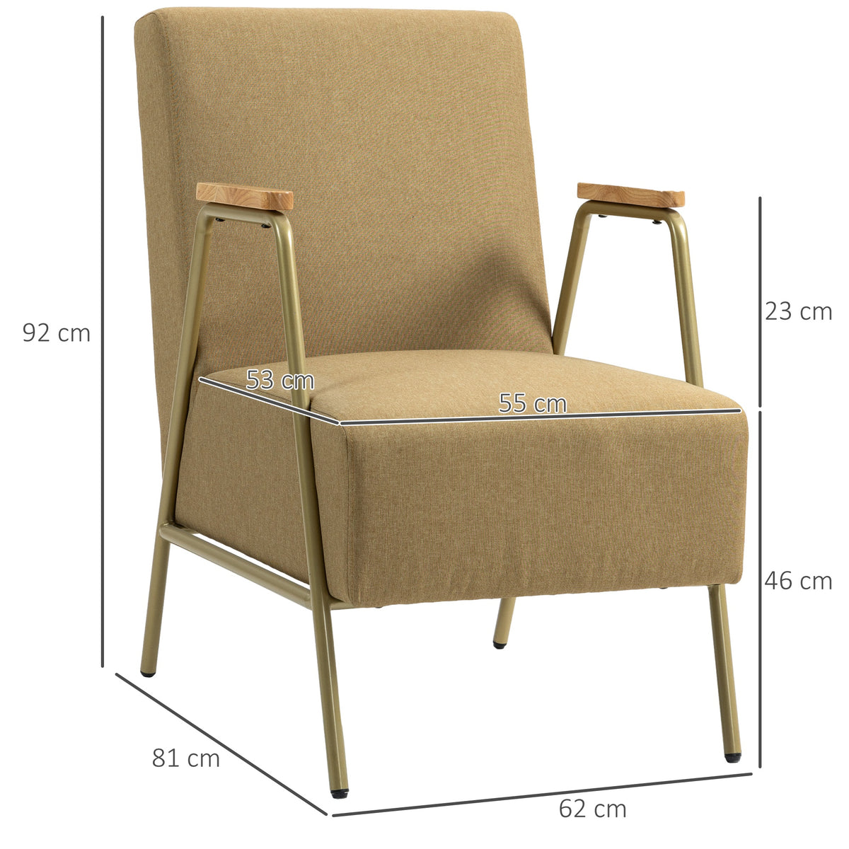 Poltrona de Sala Poltrona Individual com Apoios de Braços Estrutura em Aço Dourado Estilo Moderno para Sala de Estar Quarto 62x81x92 cm Castanho — foto 3