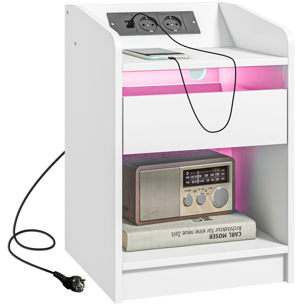Mesa de Cabeceira com Luzes LED Mesa de Cabeceira com Gaveta Prateleira Estação de Carregamento Entrada USB e Controlo Remoto 40x40x58 cm Branco - Modelo 1 — foto 1