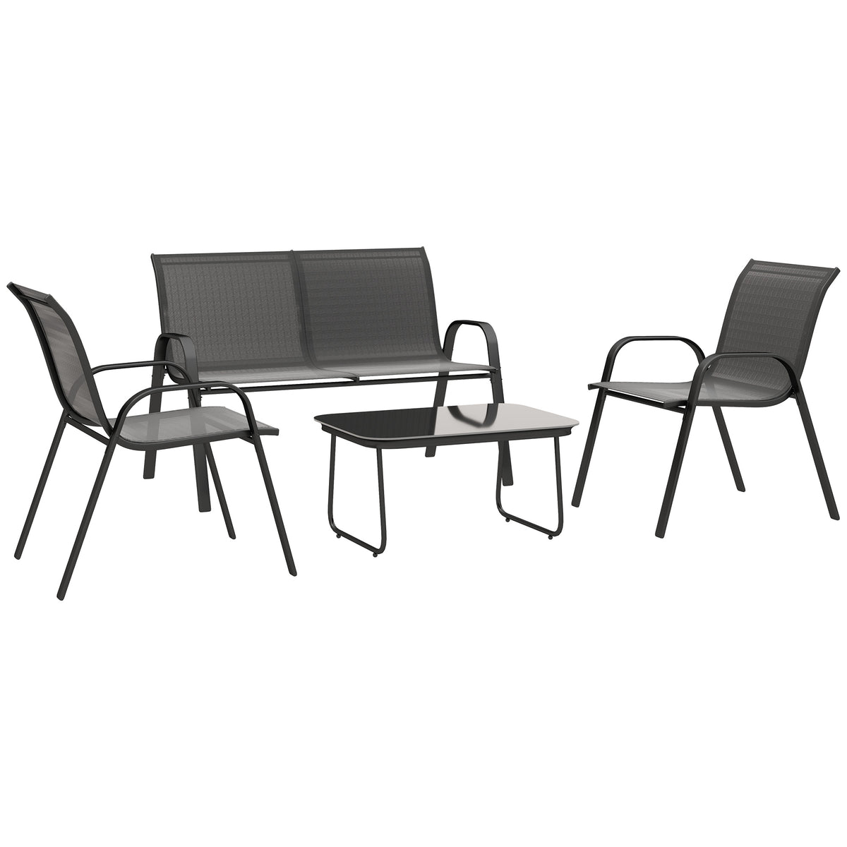 Conjunto de Jardim Exterior 4 Peças Móveis para Jardim com 2 Cadeiras Empilháveis 1 Sofá de 2 Lugares e Mesa de Centro com Bancada de Vidro Temperado Preto — foto 1
