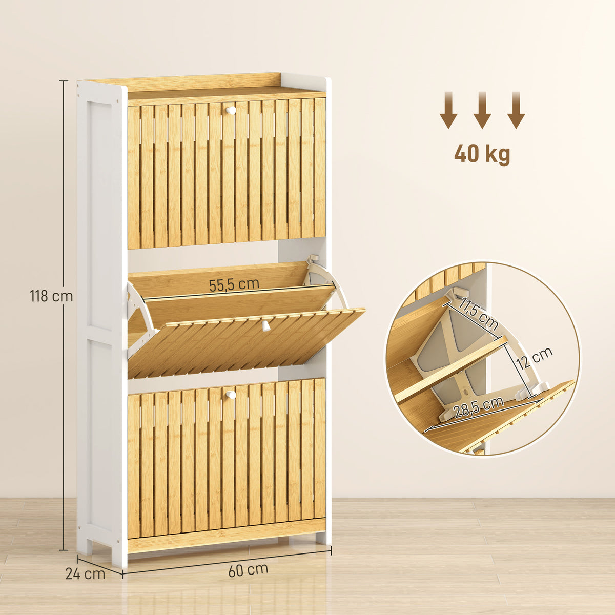Sapateira Estreita com 3 Portas de Bambu em Ripas Móvel Sapateira com Prateleiras Ajustáveis para 18 Pares de Sapatos 60x24x118 cm Branco e Madeira — foto 3