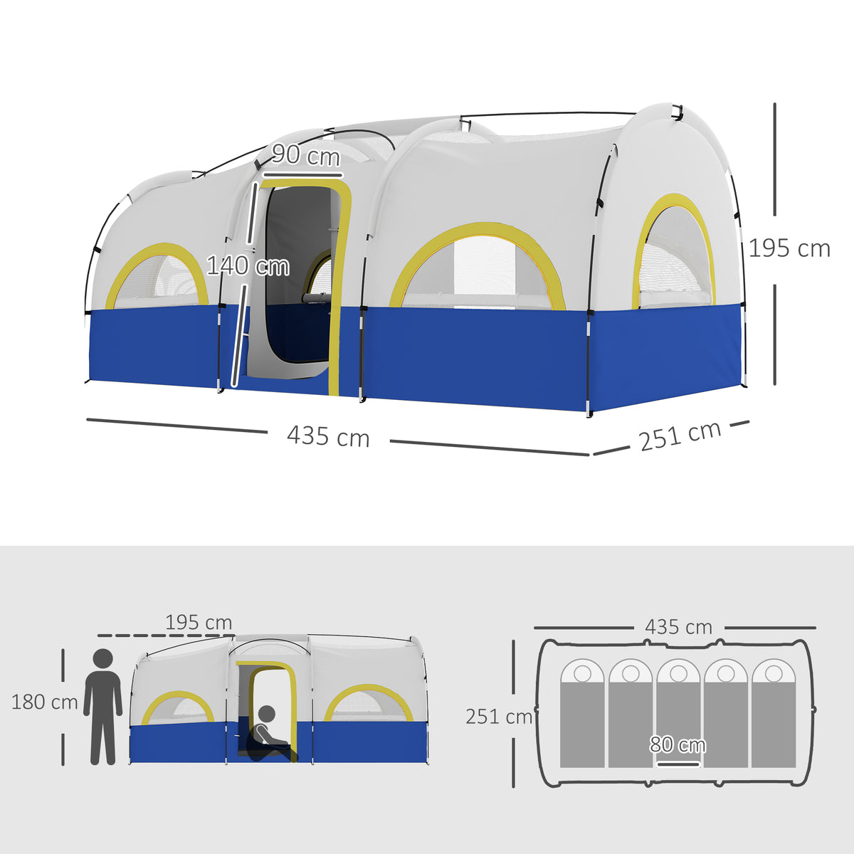 Tenda de Campismo Familiar Tipo Túnel Tenda para 4-6 Pessoas Impermeável 3.000 mm Tenda de Campismo Dobrável com 2 Quartos e Saco de Transporte 435x251x195 cm Azul e Cinzento — foto 3