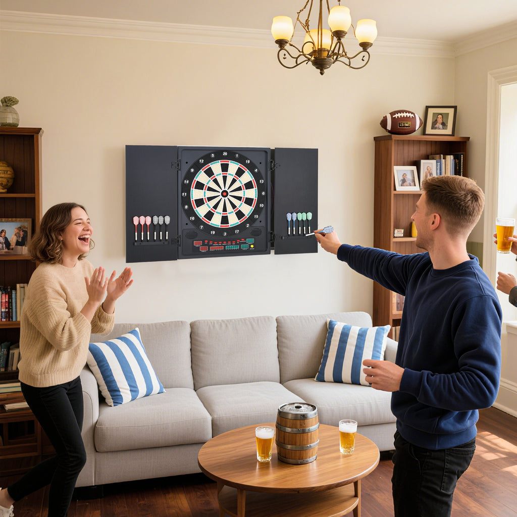 Alvo eletrônico digital para até 8 jogadores com 12 dardos e 30 pontas com portas de tela de LED 27 jogos diferentes 51x6,5x57 cm Preto — foto 8