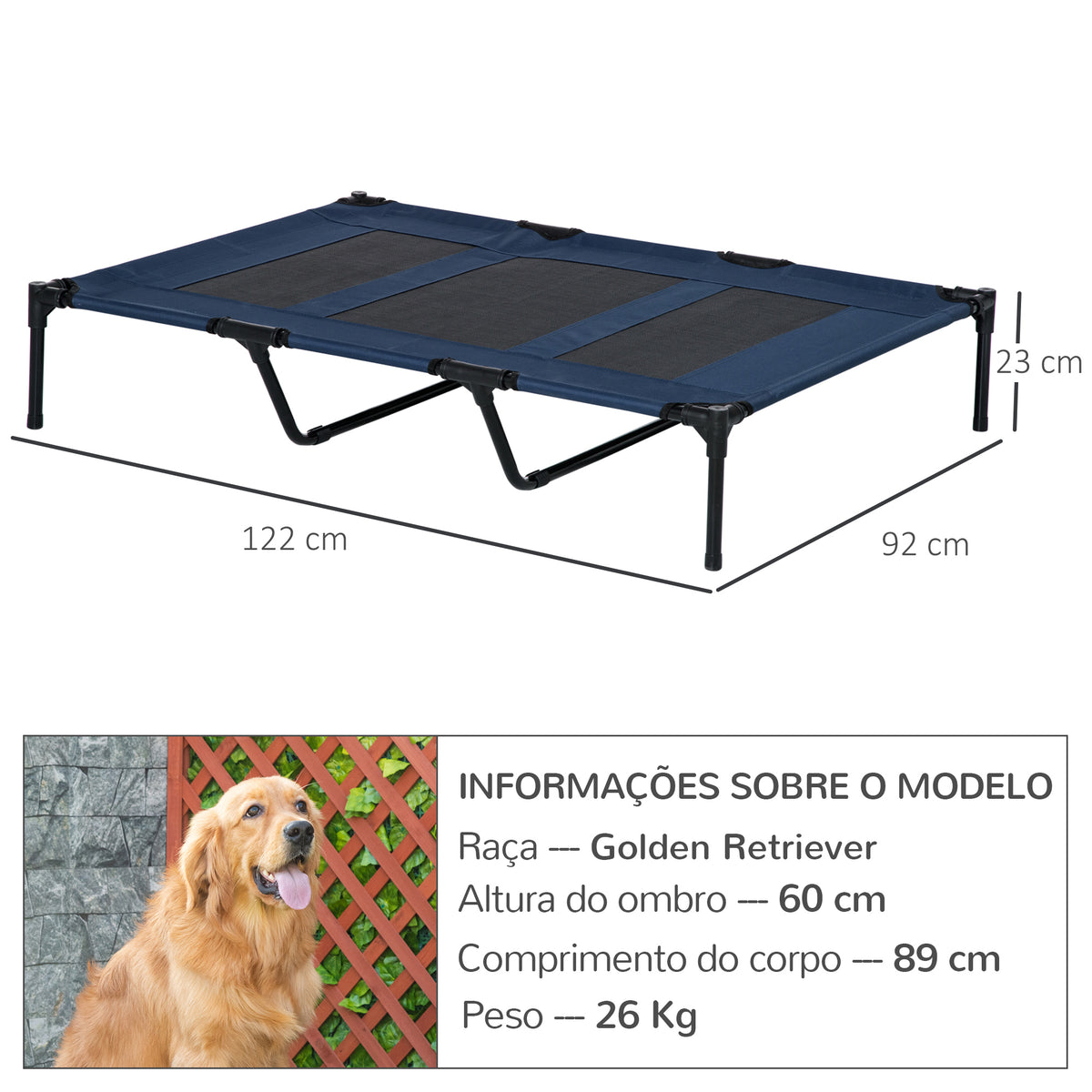 Cama para Animais de Estimação Cama Elevada para Cães Gatos com Tecido Transpirável para Dormir Relaxar Exterior Jardim Terraço 122x91x23cm Azul — foto 3