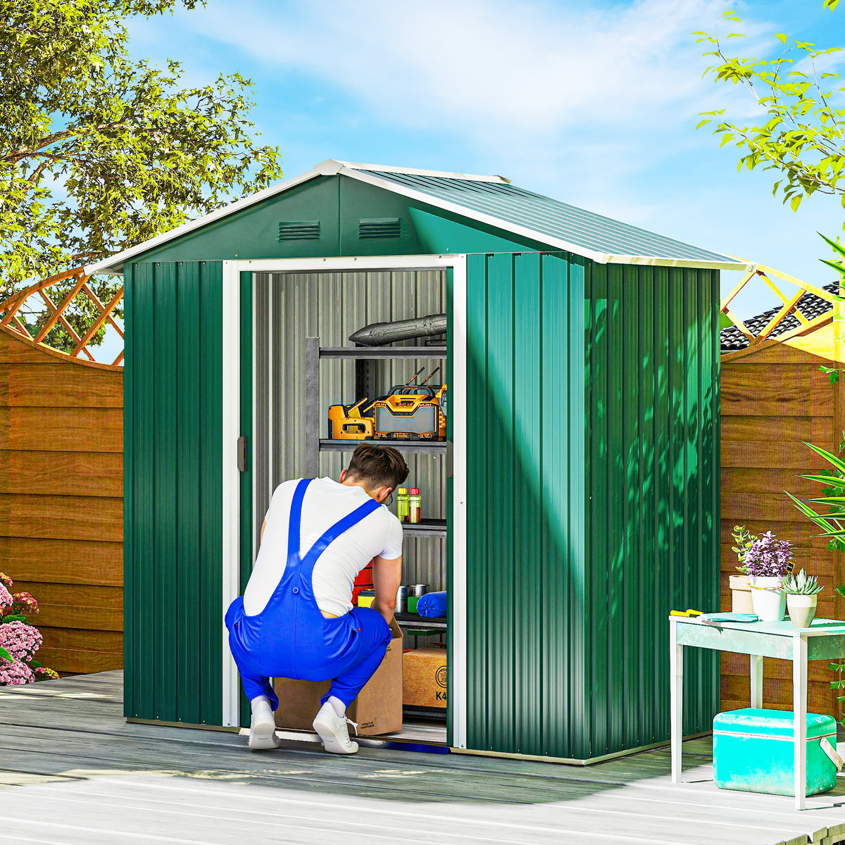Galpão de jardim 2,2 m² Galpão de armazenamento de ferramentas de aço galvanizado com porta deslizante 194x110x184 cm Verde — foto 2