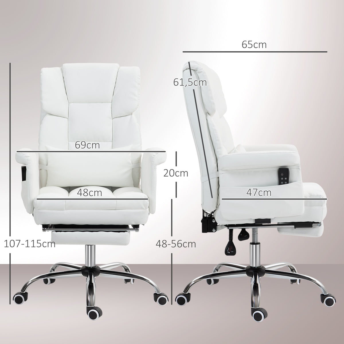 Cadeira de Massagem com 6 Pontos de Massagem Cadeira de Escritório com Apoio para os Pés Retrátil Altura Ajustável Controlo Remoto e Suporte Lombar Estofado em PU 69x65x107-115 cm Branco — foto 3