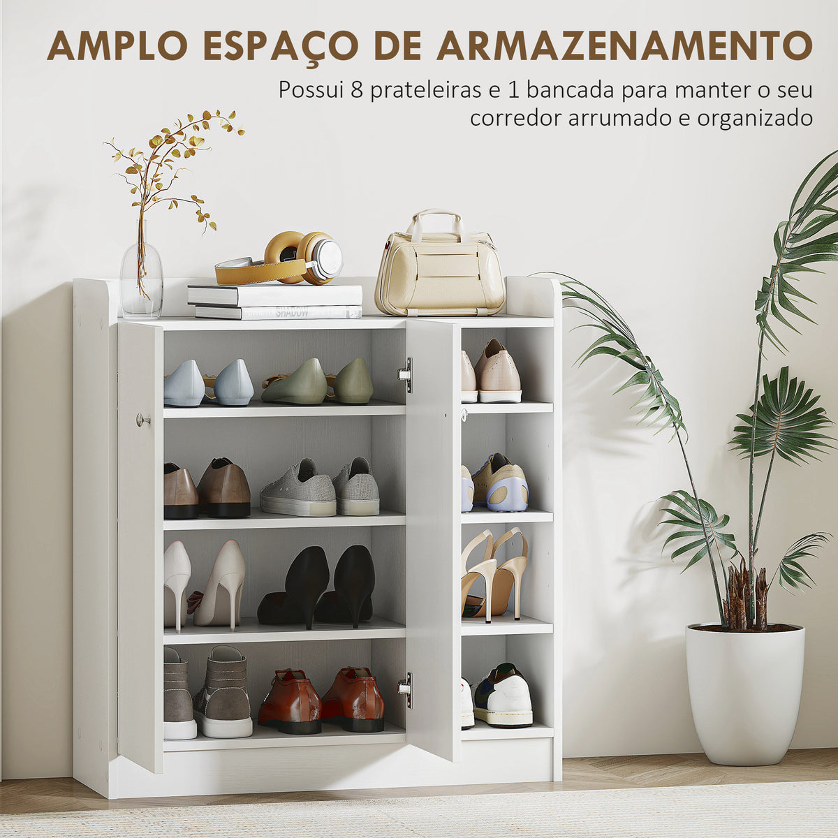 Sapateira Armário Multiuso com 2 Portas Prateleiras Interiores e 4 Prateleiras Exteriores com Altura Ajustável 83x30x90 cm Branco — foto 4