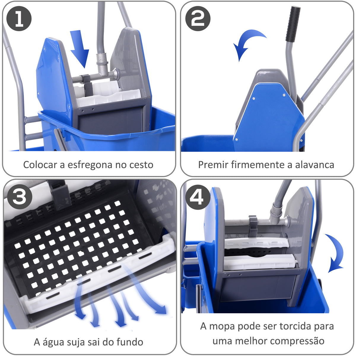 Carro de Limpeza Profissional Balde de Esfregona com Rodas Balde Removível de 25 Litros Espremedor de Pressão Cesto e Cubeta 72x49,5x95 cm Azul — foto 5