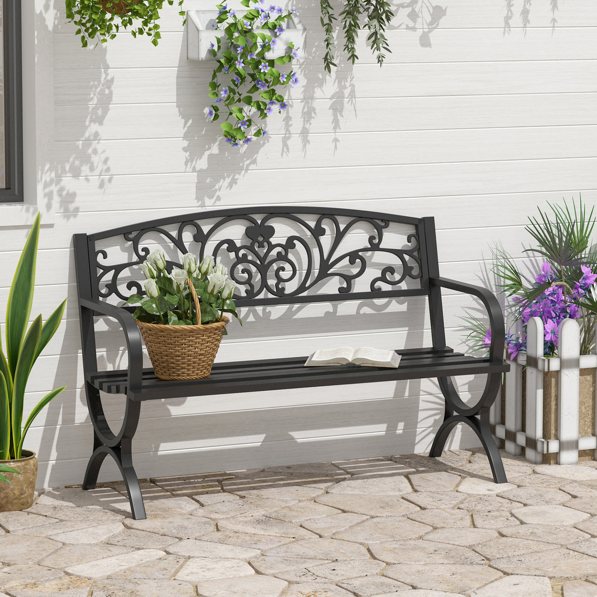Essenza Banco de Jardim 2 Lugares Ferro com Padrão Floral 127x60x85cm Preto — foto 2