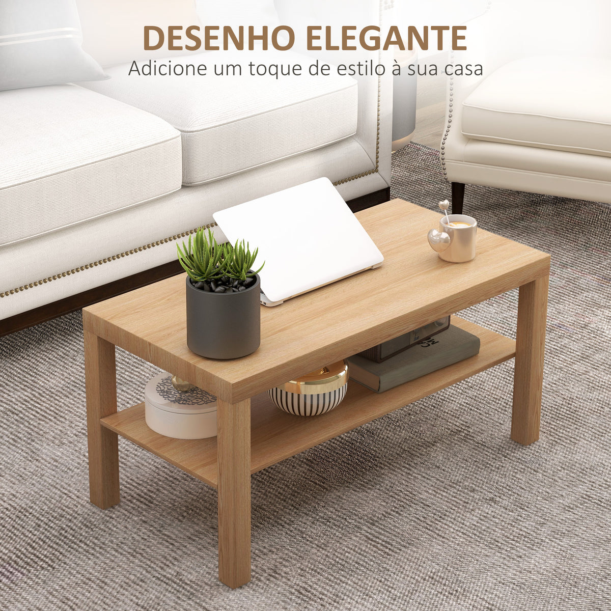 Mesa de Centro Moderna Mesa Auxiliar com Prateleira para Sala de Estar Escritório Capacidade de Carga: 50 kg 90x45x44,5 cm Madeira — foto 4