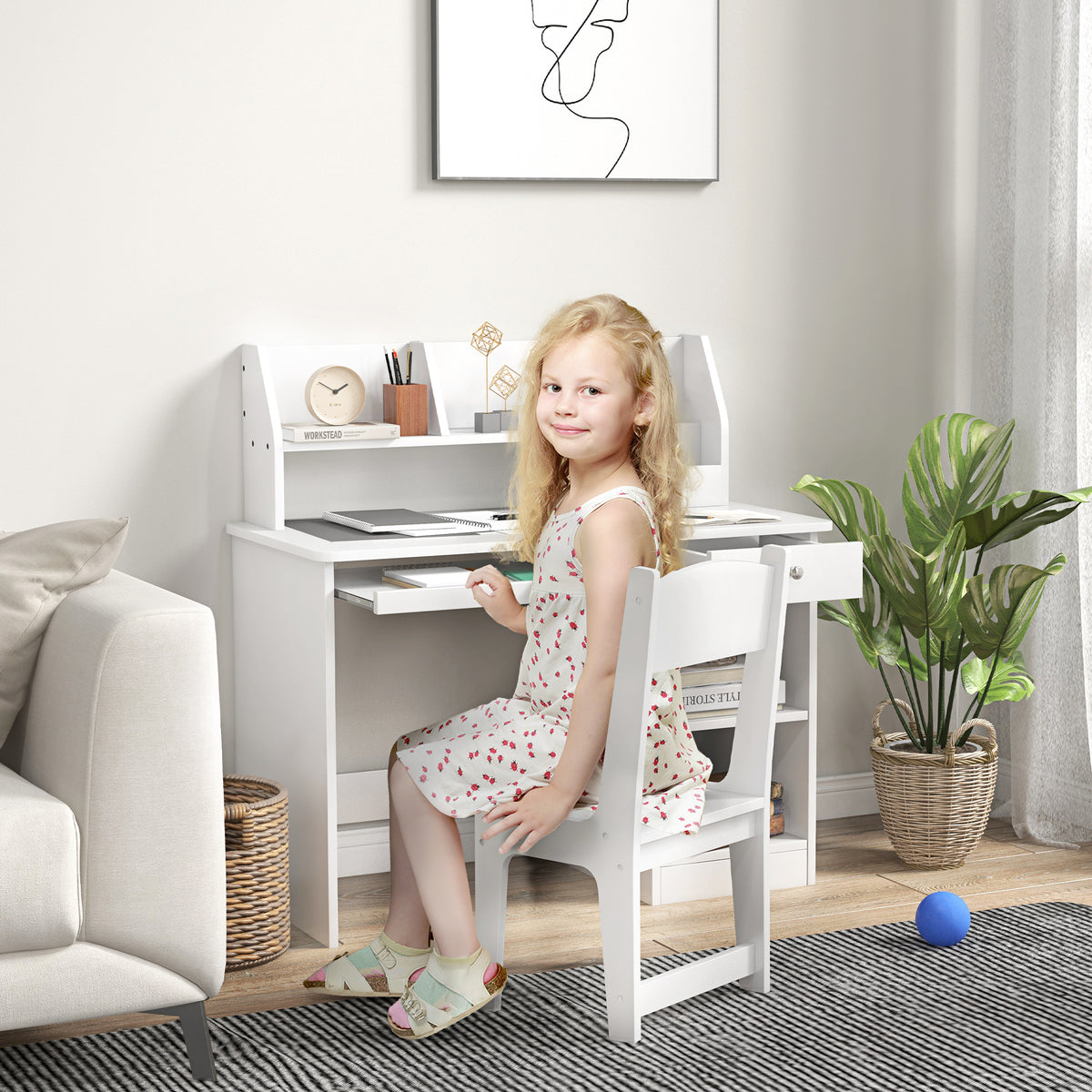 Conjunto de Secretária e Cadeira para Crianças acima de 5 Anos Mesa e Cadeira Infantil com 2 Gavetas e Compartimento para Dormitório Sala de Estudo Branco — foto 2