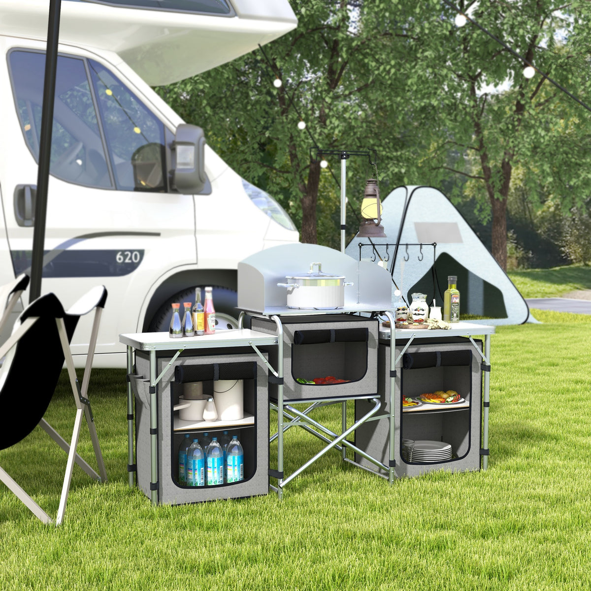 Móvel de Cozinha para Campismo Armário para Campismo Dobrável com 3 Tampos 3 Armários Suporte de Luz 4 Ganchos e Bolsa de Transporte para Campismo Piquenique 172x48x119 cm Cinza — foto 2