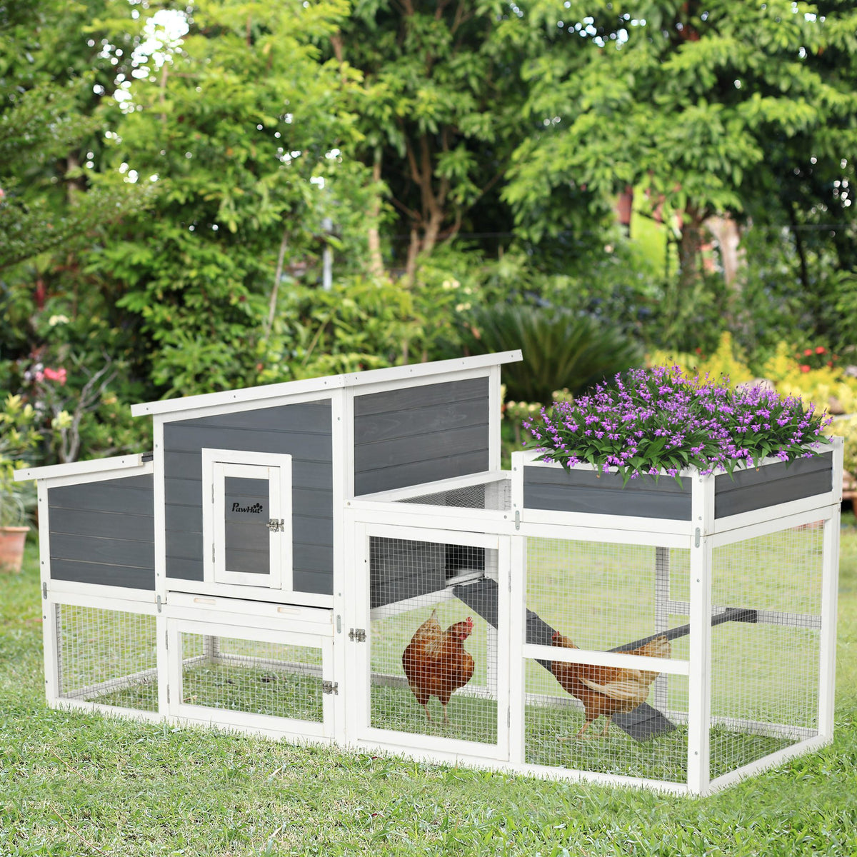 Galinheiro de Madeira Exterior Gaiola para 2 Galinhas com Cerca de Arame Tetos Asfálticos Abatíveis Ninho Bandeja Removível Rampa e Mesa de Cultivo 191,5x80x90cm Cinza — foto 2