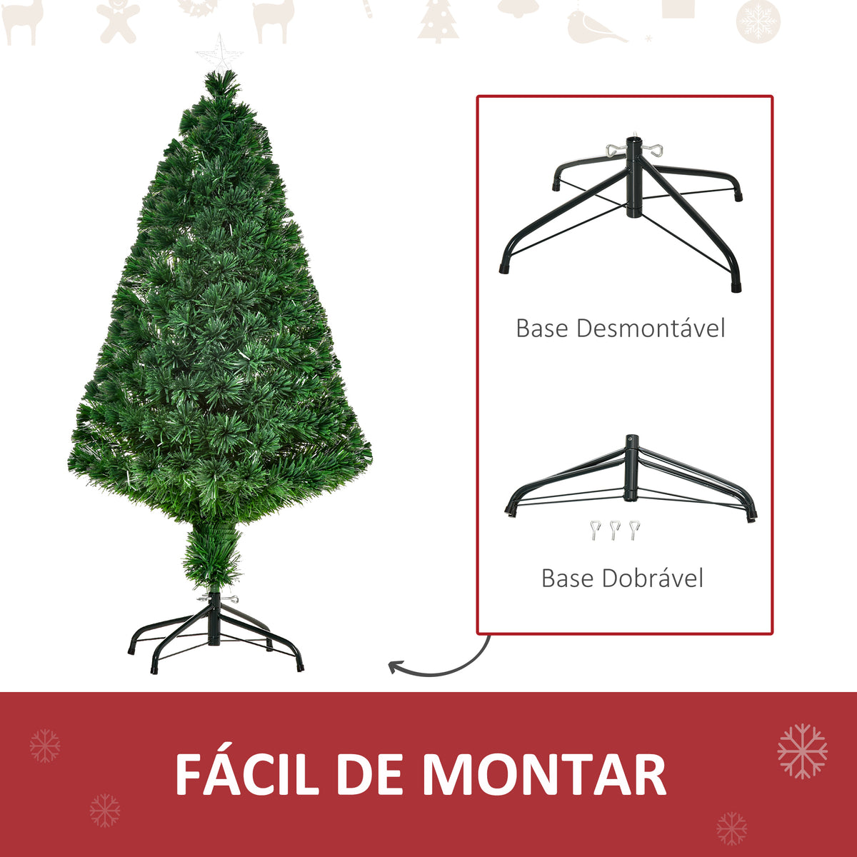 Árvore de Natal Artificial 120 cm Árvore de Natal com Fibra Óptica e Suporte Metálico Decoração de Natal Ø60x120 cm Verde — foto 6