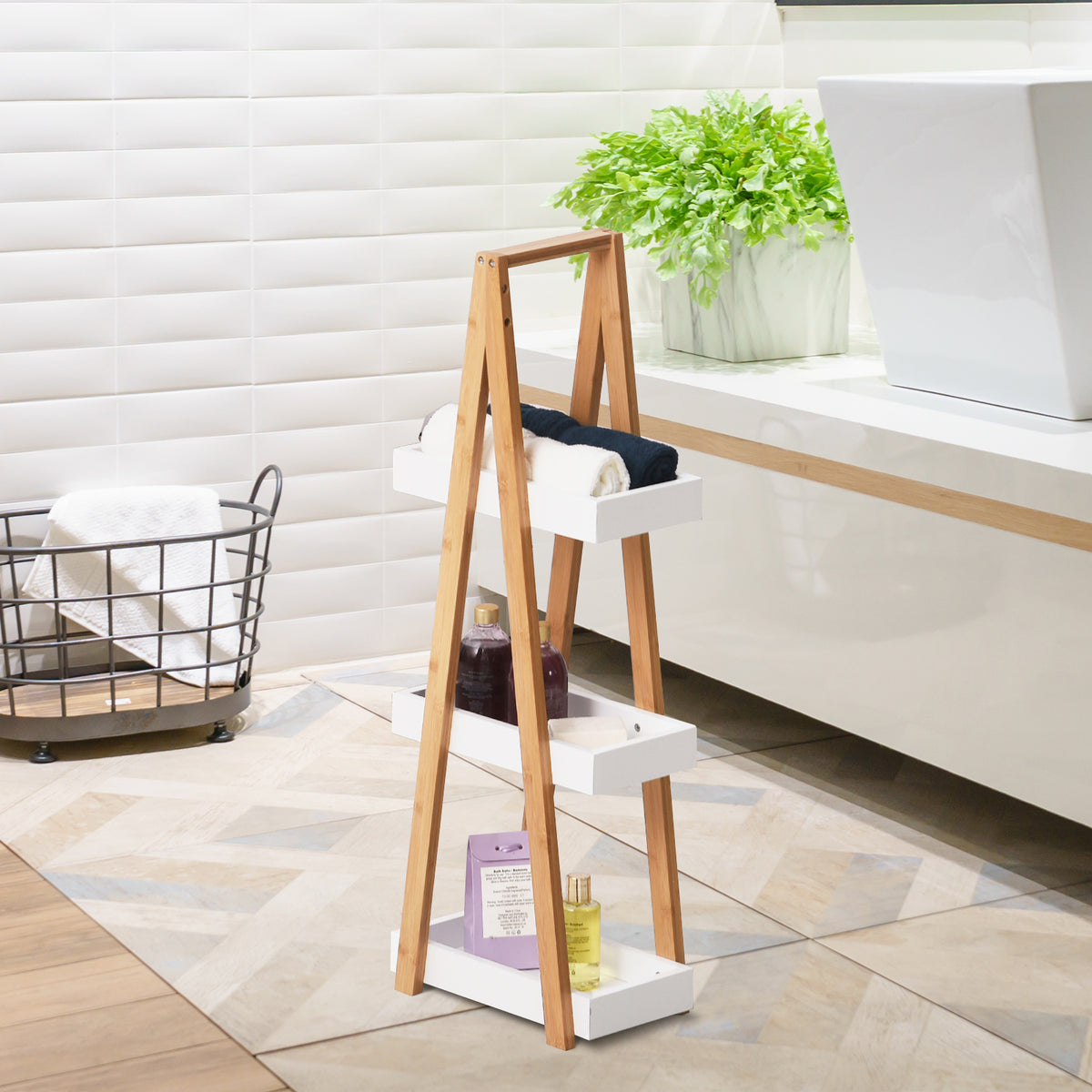 Estante de Bambú para Casa de Banho com 3 Prateleiras de Armazenamento Móvel Organizador para Cozinha Sala de Estar Lavanderia 30x18x81cm Madeira e Branco — foto 2