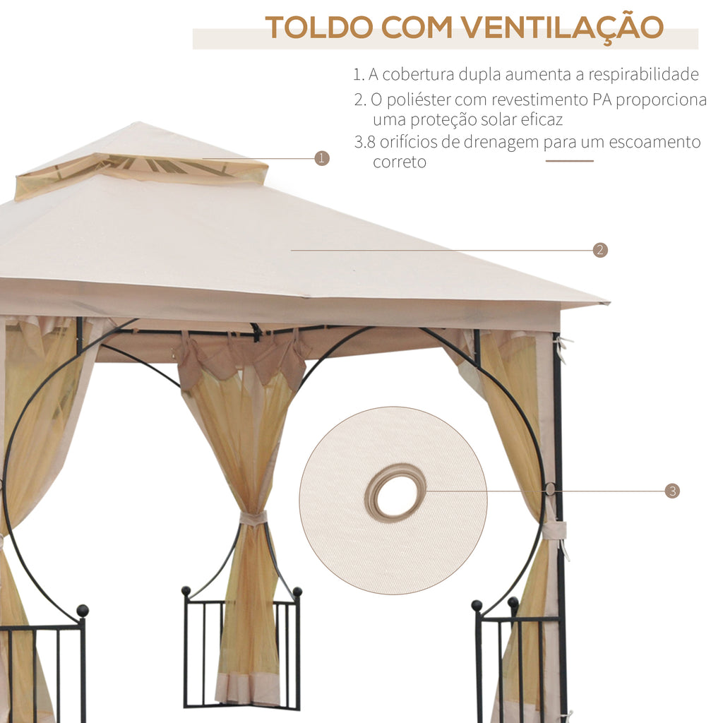 Gazebo de jardim 3x3m com 4 cortinas laterais com zíper e telhado duplo com 8 furos de drenagem bege — foto 4
