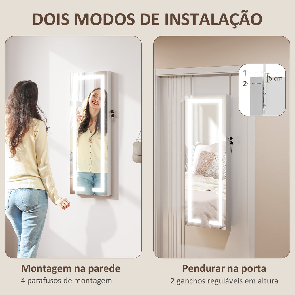 Espelho Joalheiro de Parede Espelho de Parede com Luzes LED e Fechadura Armário para Jóias para Pendurar na Parede ou na Porta 37x10,5x108 cm Branco — foto 7