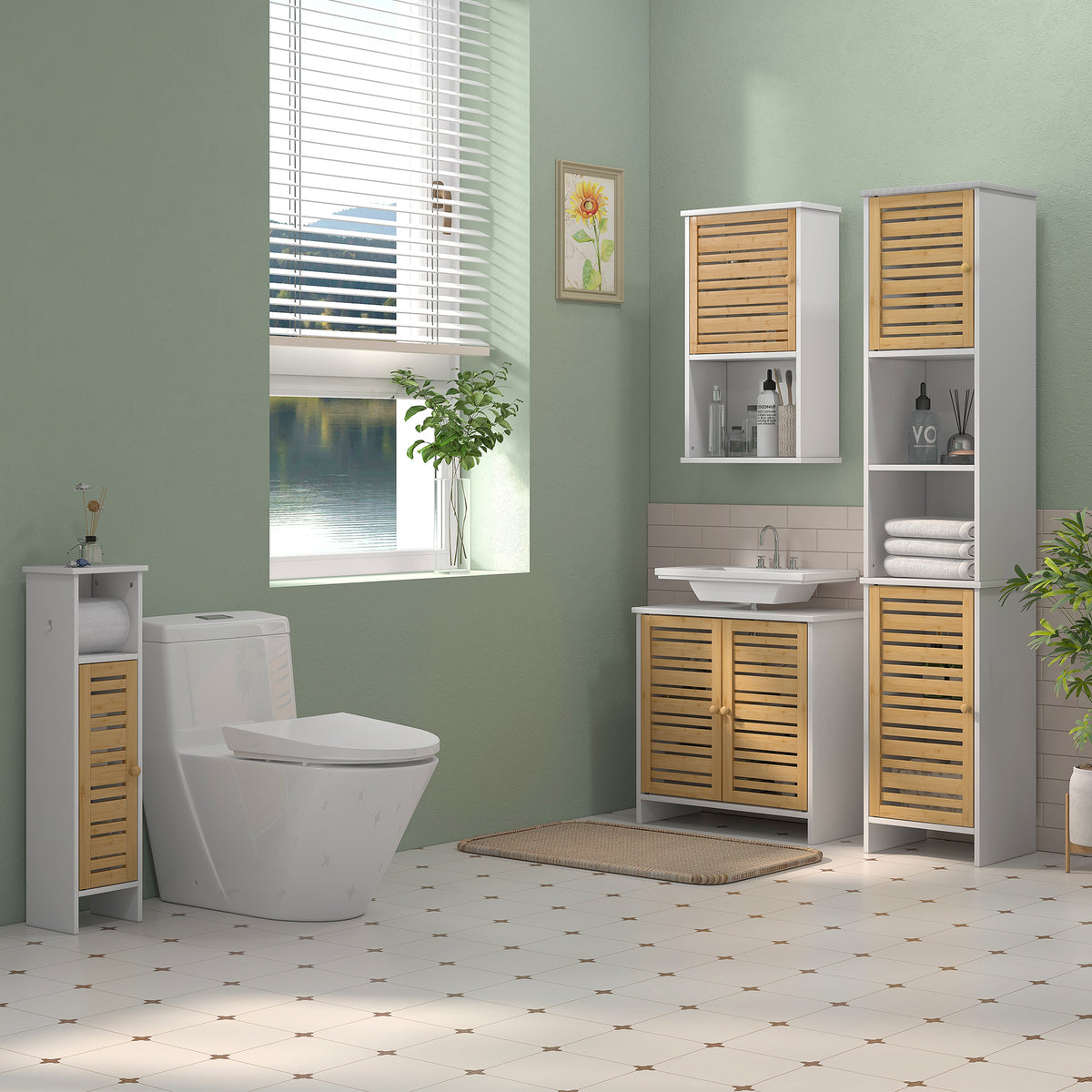 Coluna Casa de Banho Moderna Móvel Auxiliar Casa de Banho Armário Casa de Banho com Prateleiras Ajustáveis e Portas de Bambu Anti-Tombo 35x30x170 cm Branco e Madeira — foto 2