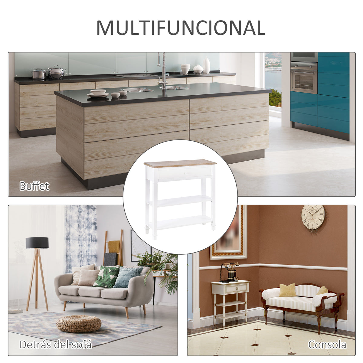 Mesa Consola Estilo Rétro Consola para Sala de Estar Corredor com 2 Prateleiras e 1 Gaveta 75,6x27,5x80,5 cm Branco e Madeira — foto 5
