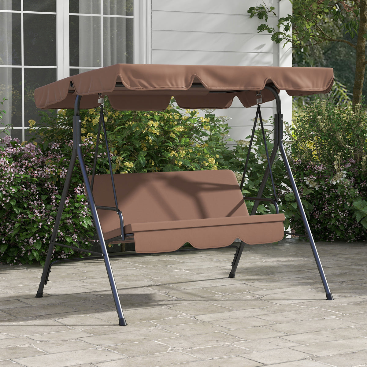 Baloiço de Jardim de 3 Lugares com Almofada Toldo Ajustável e Estrutura de Aço para Balcão Terraço Patio Carga Máx. 200 kg 172x110x153 cm Marróm — foto 2