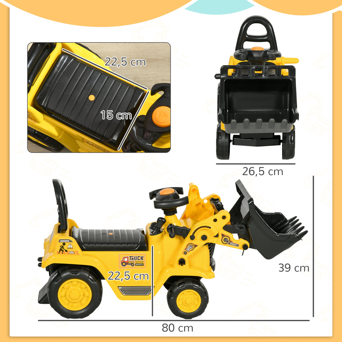 Carro Andador para Crianças de 18 a 48 Meses Escavadora para Crianças com Pá Dianteira Buzina Volante e Compartimento Oculto sob o Assento Carga 30 kg 80x26,5x39 cm Amarelo — foto 3