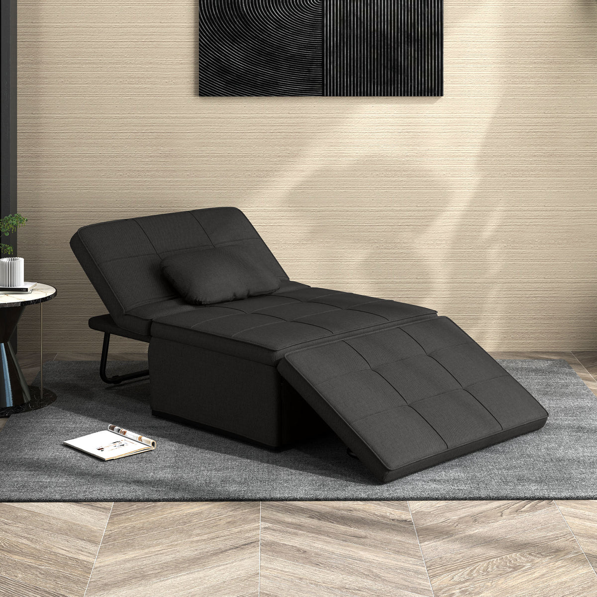 Sofá Cama Individual 3 em 1 Estofado em Linho Sofá Reclinável em 5 Posições com Apoio para os Pés e Apoio para a Cabeça para Sala de Estar Carga Máxima 200kg 95x189x43 cm Preto — foto 2