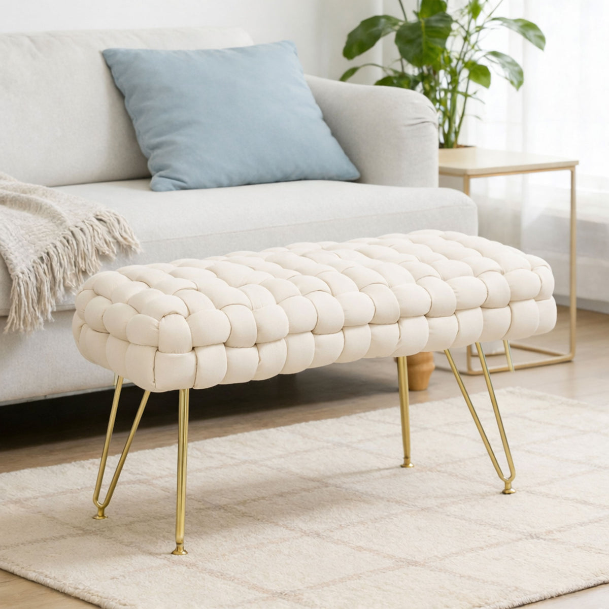Apoio para os Pés Sala de Estar Apoio para os Pés em Veludo com Pés de Metal e Assento Acolchoado para Dormitório Entrada 76x38x41,5 cm Creme — foto 1