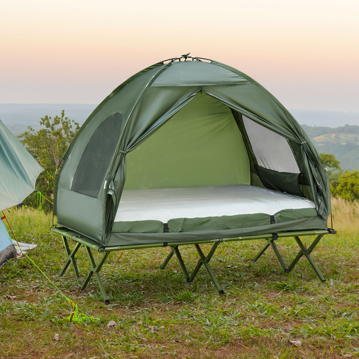 Cama Dupla de Campismo Dobrável com Tenda 2 em 1 Cama de Campismo Elevada com Colchão Inflável e Bolsa de Transporte Tecido Oxford Aço 193x145x180cm Verde — foto 2