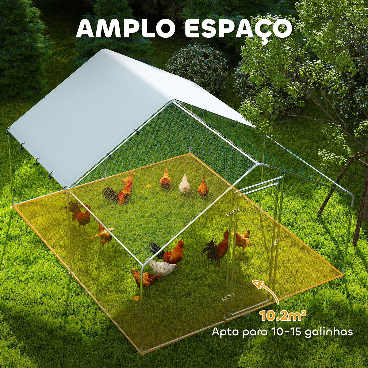 Galinheiro para Exterior 3x3,4x1,9 m Galinheiro de Aço Galvanizado com Cobertura Anti-UV e Impermeável Gaiola para 10-15 Galinhas Prata — foto 4