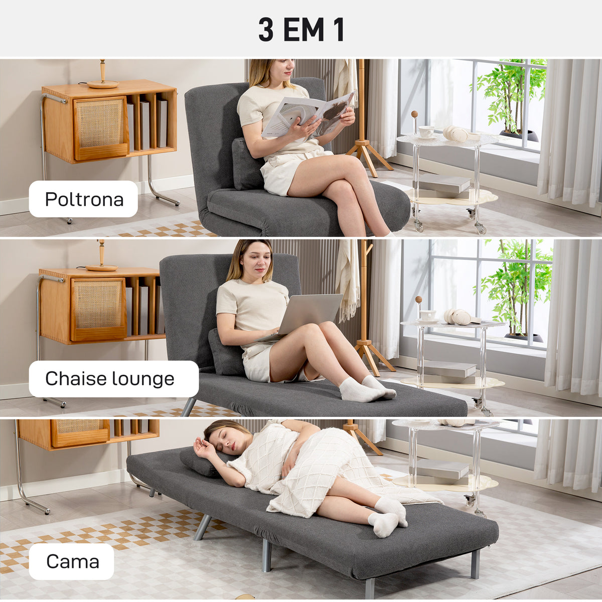 Sofá Cama de Uma Praça 3 em 1 Sofá Dobrável Revestido em Tecido Cinzento Mesclado com Encosto Ajustável em 5 Níveis e Almofada para Escritório Quarto Sala 80x75x83 cm — foto 4