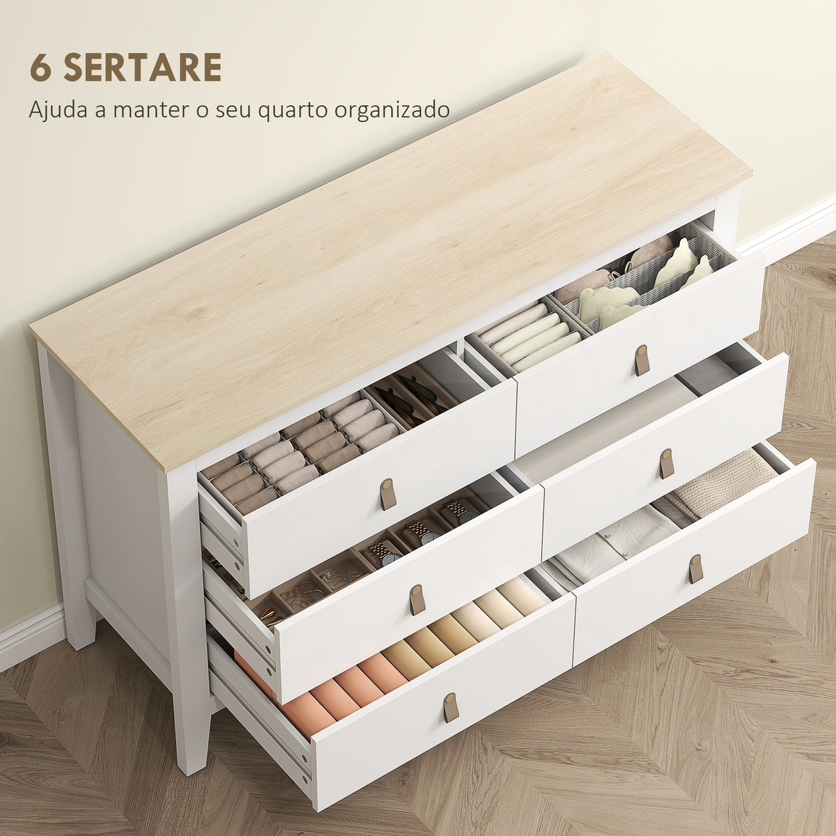 Cómoda de 6 Gavetas Cómoda para Dormitório com Puxadores de PU Cómoda para Sala de Estar Corredor 120x40x78 cm Branco — foto 4