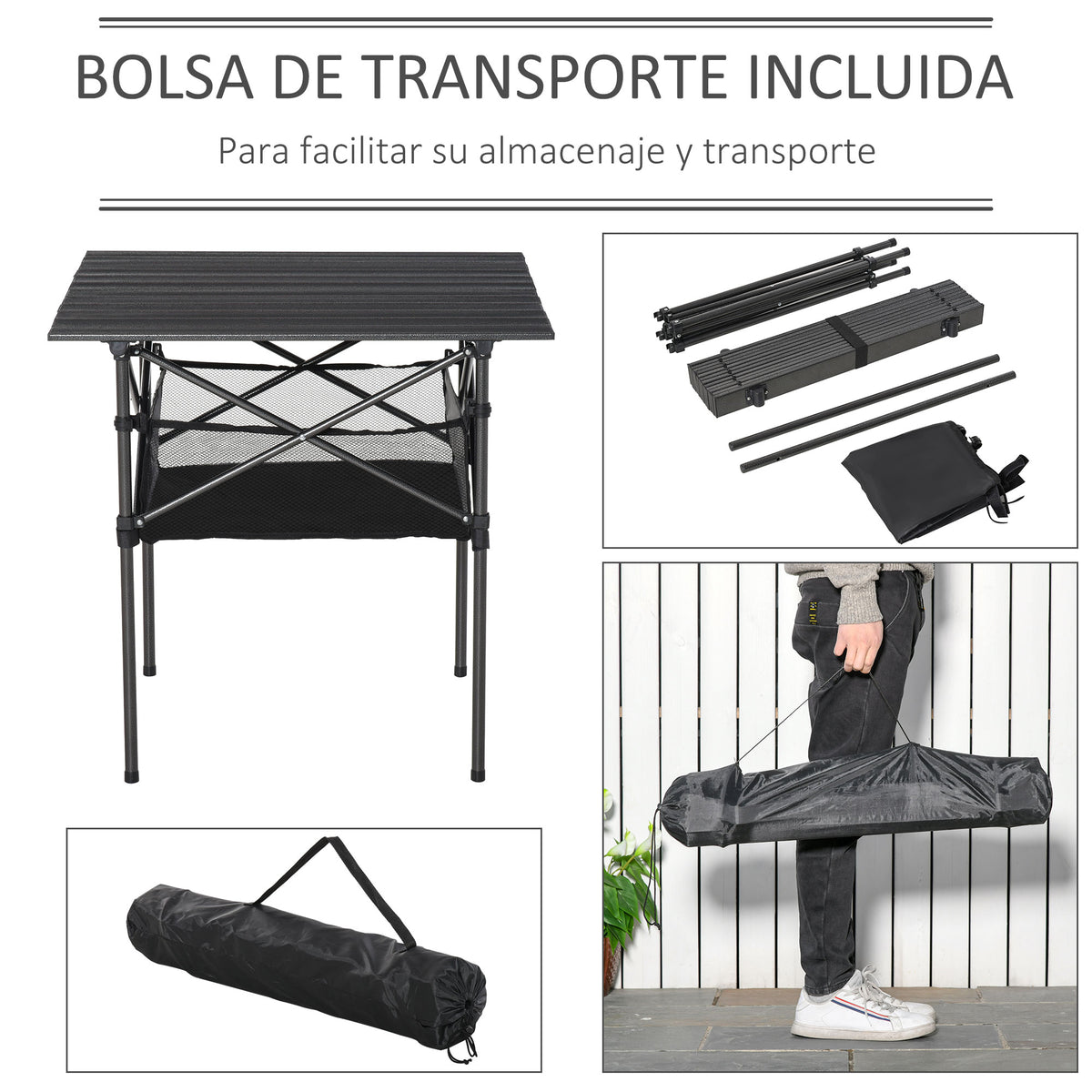 Mesa dobrável de camping Mesa de piquenique com malha de armazenamento e bolsa de transporte 70x70x69 cm Preto — foto 5
