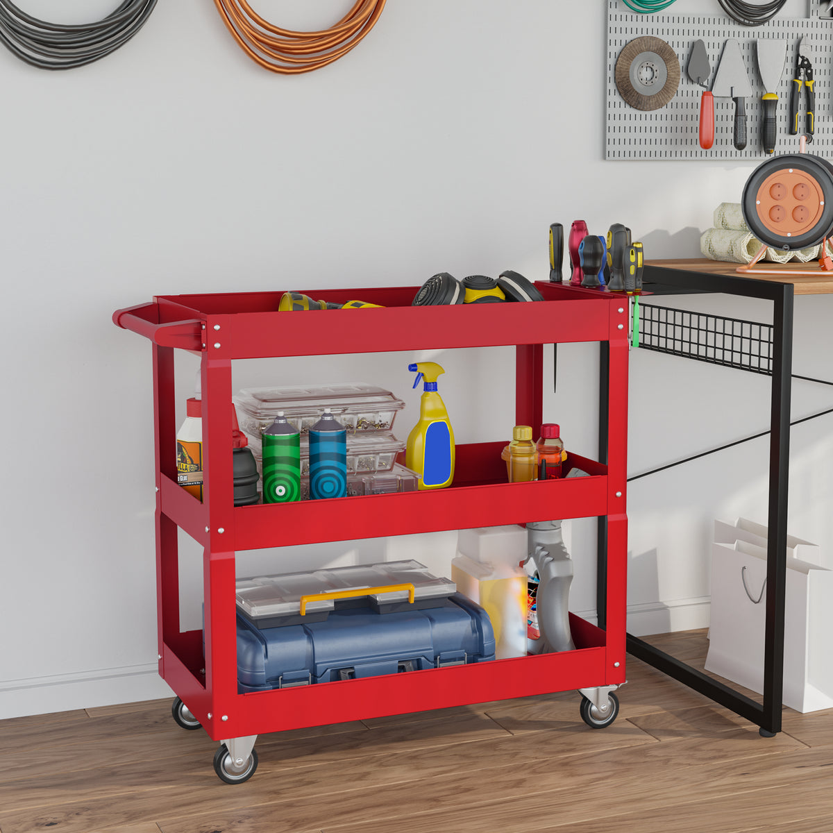 Carrinho de Ferramentas com Rodas Carro de Ferramentas de Oficina de Aço com 3 Prateleiras de Armazenamento e Alça Lateral para Garagem Oficina Carga Máxima 150kg 83x35,3x76 cm Vermelho — foto 2