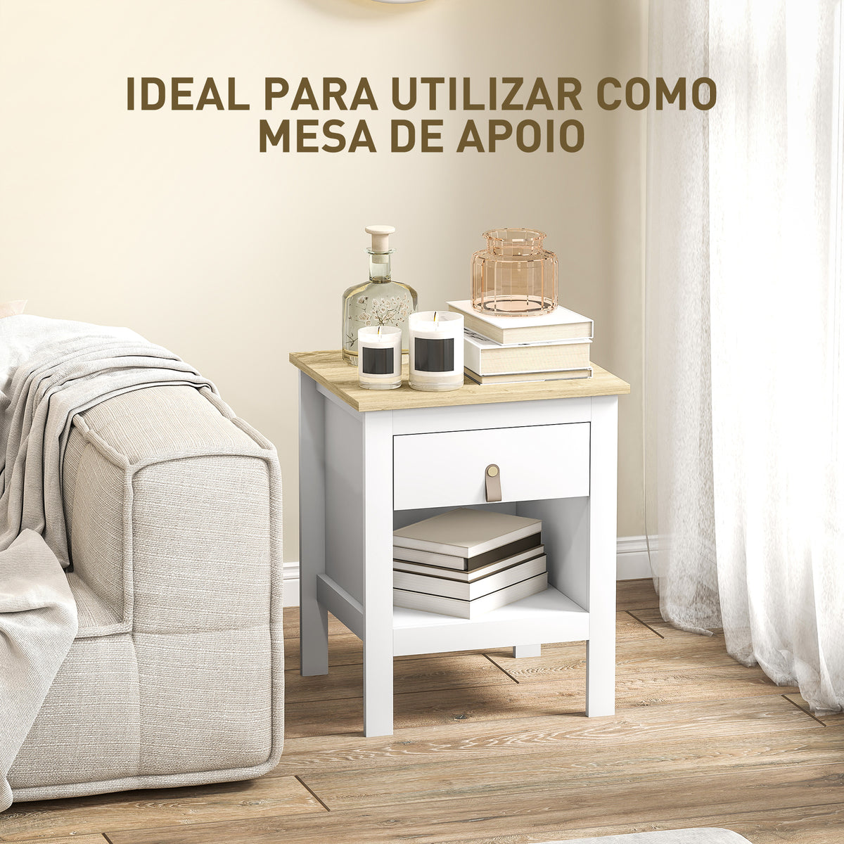 Mesa de Cabeceira Moderna Mesa de Cabeceira com 1 Gaveta Compartimento Aberto Puxador de PU Mesa Auxiliar para Sala ou Quarto 45x40x55 cm Branco — foto 5