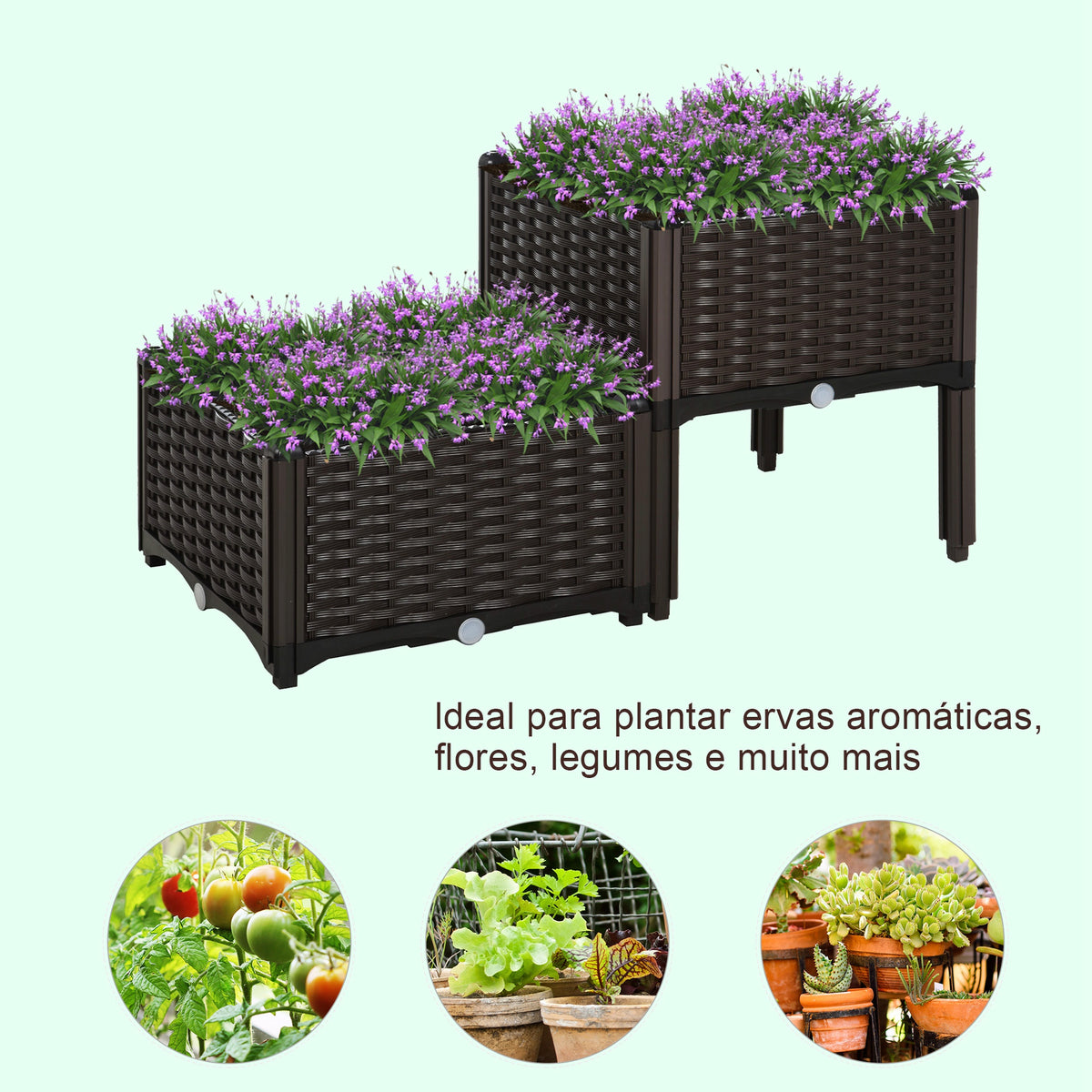 Conjunto de 2 Floreiras Quadradas Floreiras para Flores e Vegetais com Orifícios de Drenagem e Pés Altos 40x40x26-44cm Marrom — foto 4