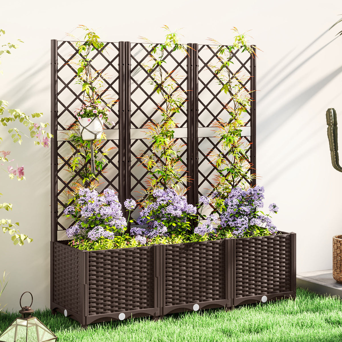 Floreira com Treliça de PP Floreira Exterior Grande com Drenagem e Amplo Espaço para Plantas Trepadoras Vaso com Suporte para Jardim Pátio Terraço 120x40x135 cm Marrom — foto 2