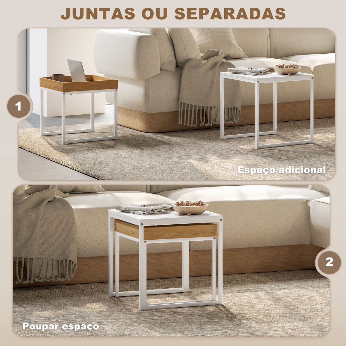 Mesas Auxiliares para Sala de Estar Conjunto de 2 Mesas com Estrutura de Aço Mesas de Centro Pequenas para Dormitório Branco e Carvalho — foto 4