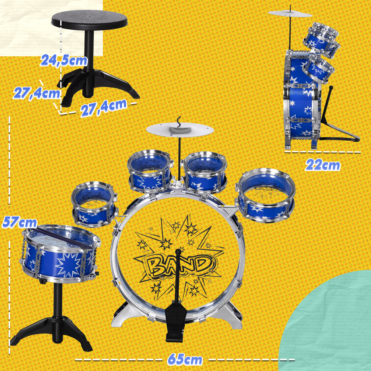 Bateria Infantil com Banco Bateria para Crianças acima de 3 Anos com Tambores Pedal e Baqueta Desenho com Tema de Estrelas 65x22x57 cm Azul — foto 3
