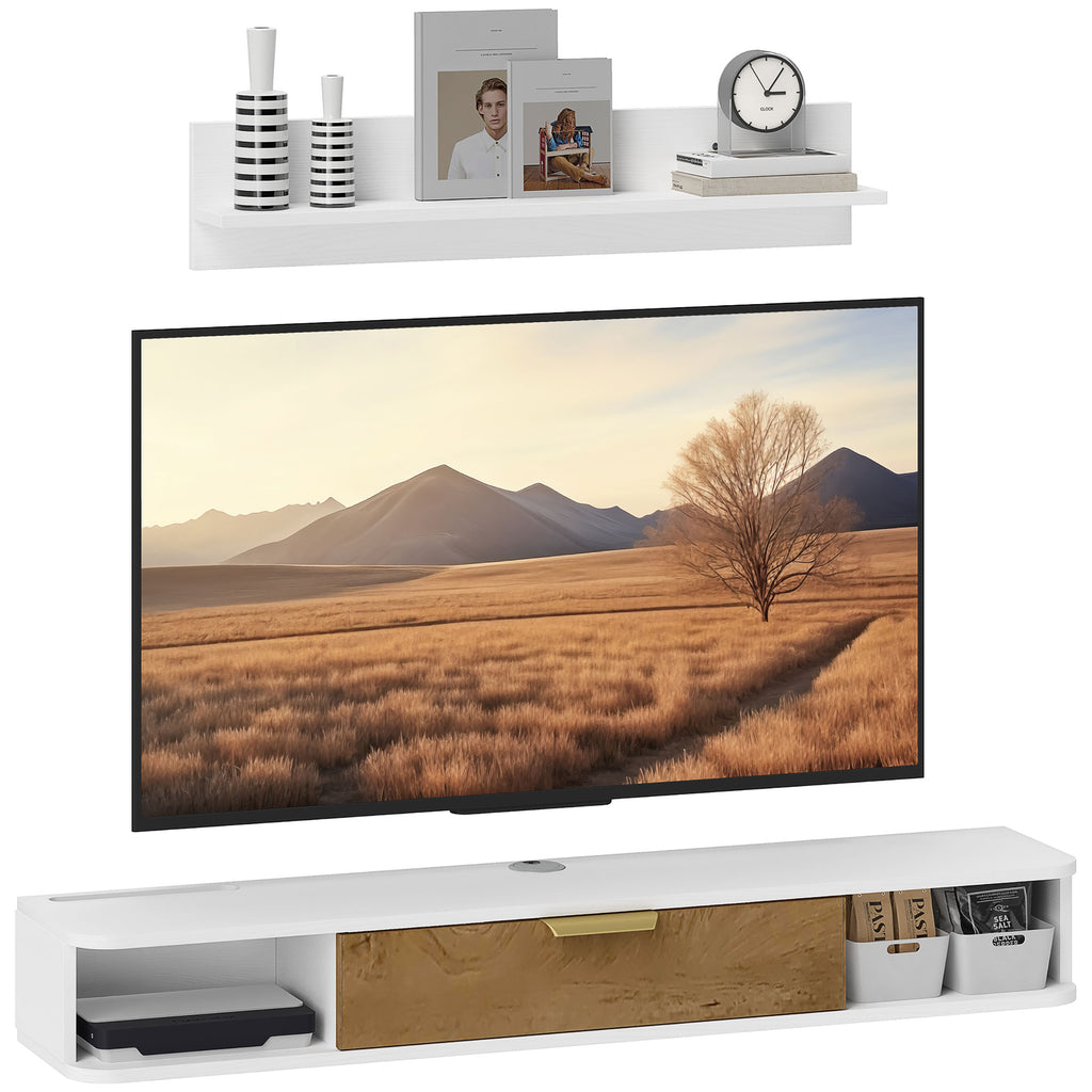 Conjunto de Móveis de Sala, Móvel de TV com Prateleira de Parede, Porta, Prateleiras Abertas, Orifícios para Cabos, para Televisão de Parede, 120x24x16 cm, Branco — foto 1