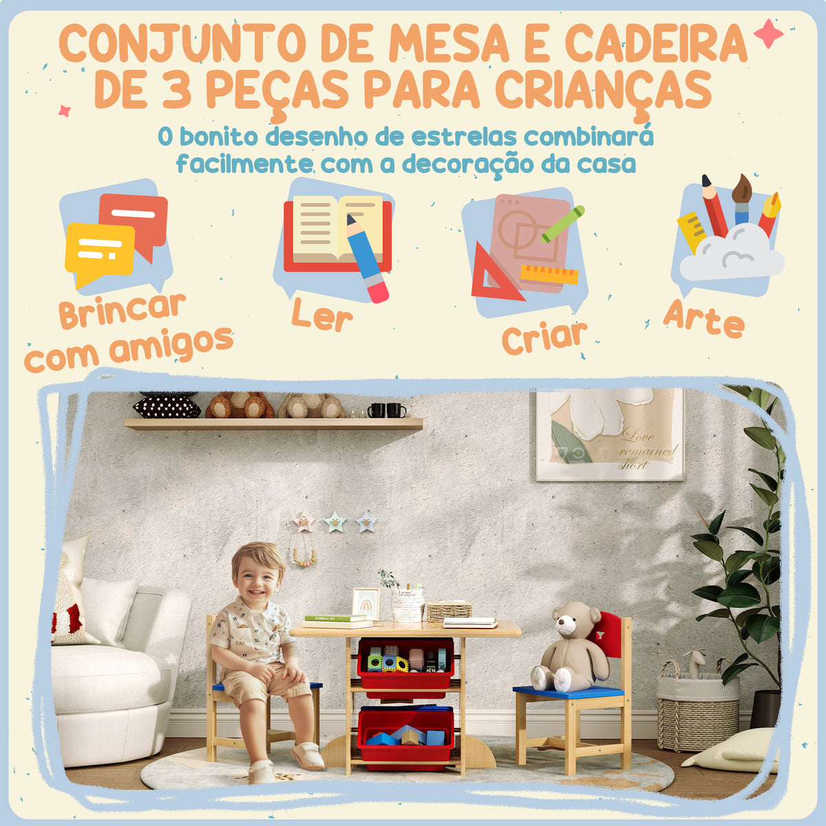Mesa e Cadeiras para Crianças de 3 Peças Mesa Infantil com 2 Cadeiras e 4 Cestos de Arrumação Conjunto de Móveis para Crianças acima de 3 Anos para Sala de Jogos Madeira — foto 5