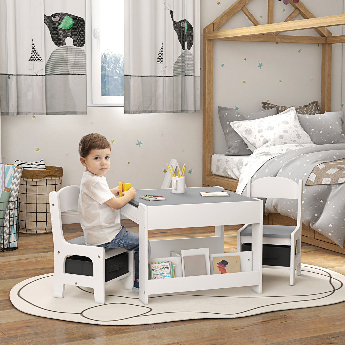 Conjunto de Mesa e 2 Cadeiras Infantis Mesa com Cadeiras para Crianças 2 em 1 com Ardósia Gavetas de Tecido e Espaço de Armazenamento para Quarto Sala de Jogos Cinza — foto 2