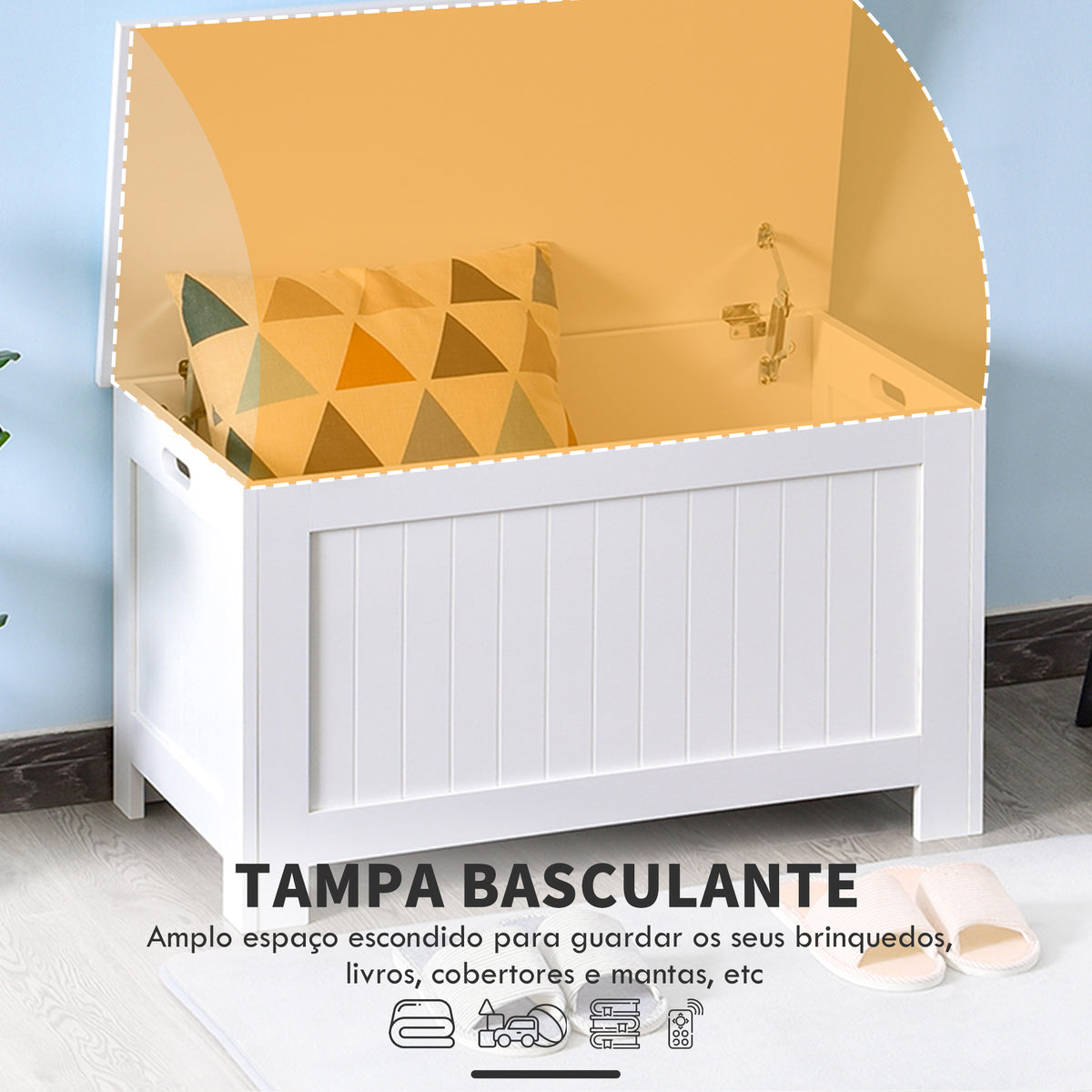 Baú de Armazenamento de Madeira Baú de Arrumação com Dobradiça de Segurança para Dormitório Sala de Estar Carga Máxima 20 kg 81x40x46 cm Branco — foto 4